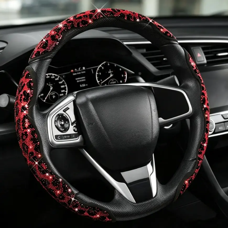 2026 New Stylish Rhinestone Steering Wheel Cover, Red Leopard Print Sparkly Diamond Car Steering Wheel Protector, Non-Slip Driving Accessories