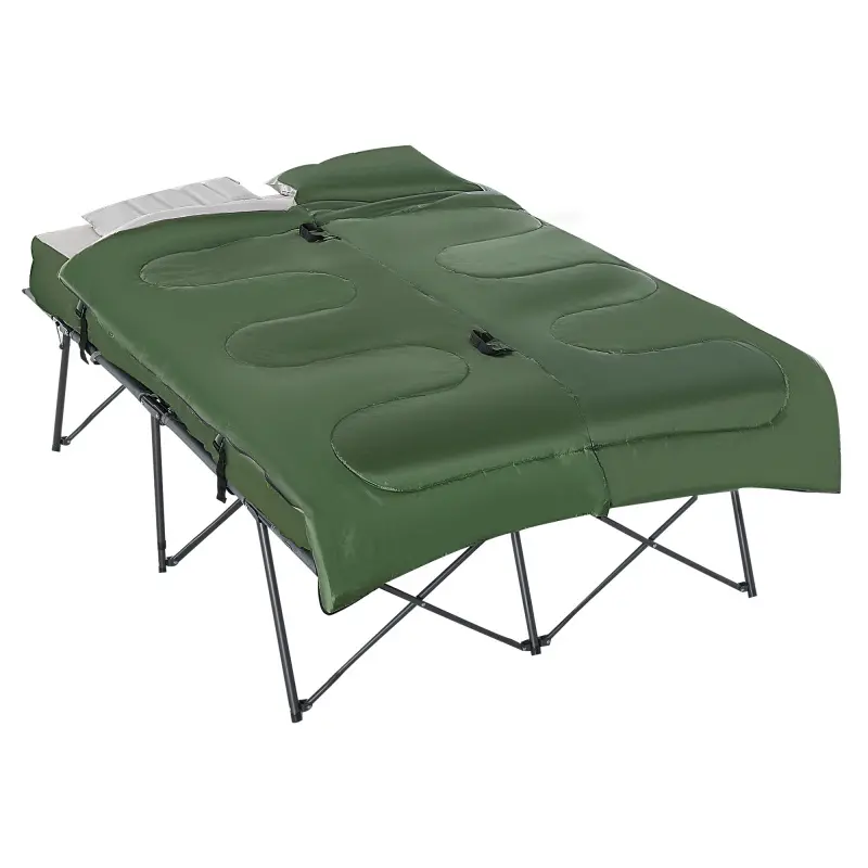2-Person Double-Size Polyester Collapsible Camping Cot Set, Portable Elevated Outdoor Bed with Sleeping Bag, Inflatable Air Mattress, Comfort Pillows & Carry Bag for Camping, Tent Use