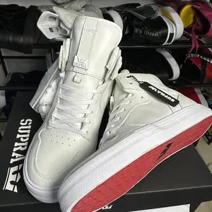 Supra Vaider Red White Ruched Leather High Top Sneakers Men Hip Hop Street Skate Shoes