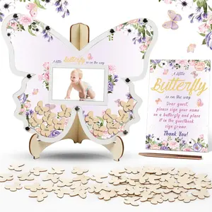 64 PCS Butterfly Baby Shower Decorations Guest Book Alternatives for Baby Shower Girl Wooden Baby Shower Sign in Photo Guest Book Baby Shower Picture Frame Keepsakes for Guests Birthday Favors, Purple