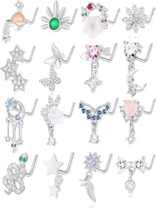16Pcs Set Trendy Silver Tone Nose Rings, Stainless Steel With CZ/Butterfly/Snake/Star Dangle Designs, For Women, Daily & Party Piercing Jewelry