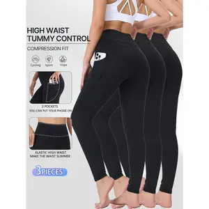 EBIOSVE Women's 3-Pack Plus Size High Waist Tummy Control Workout Leggings with Pockets, Soft Breathable Fabric, Sporty Sports Bottoms for Curvy Women Gym Yoga