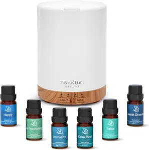 ASAKUKI 300ml Essential Oil Diffuser, Aromatherapy Cool Mist Home Humidifier with 7 LED Color Changing Light and Auto-Off Safety Switch, 6 Essential Oils Set