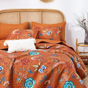 - Boho Quilt Set, Floral Bohemian Chic Country Botanical Colorful Funky Flower , Reversible Lightweight Bedspread Coverlet, 3 count, Burnt Orange, Kg Size