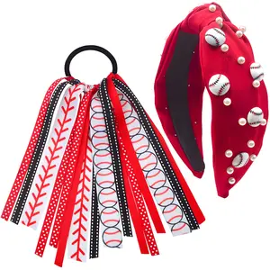 Baseball Headband and Hair Ties for Women, Pearl Knotted Bead Wide Hairband Softball Ribbon Ponytail Holder Streamer Hairtie Elastic Band Bow Game Day Hair Accessories for Sports Player Fan Gift