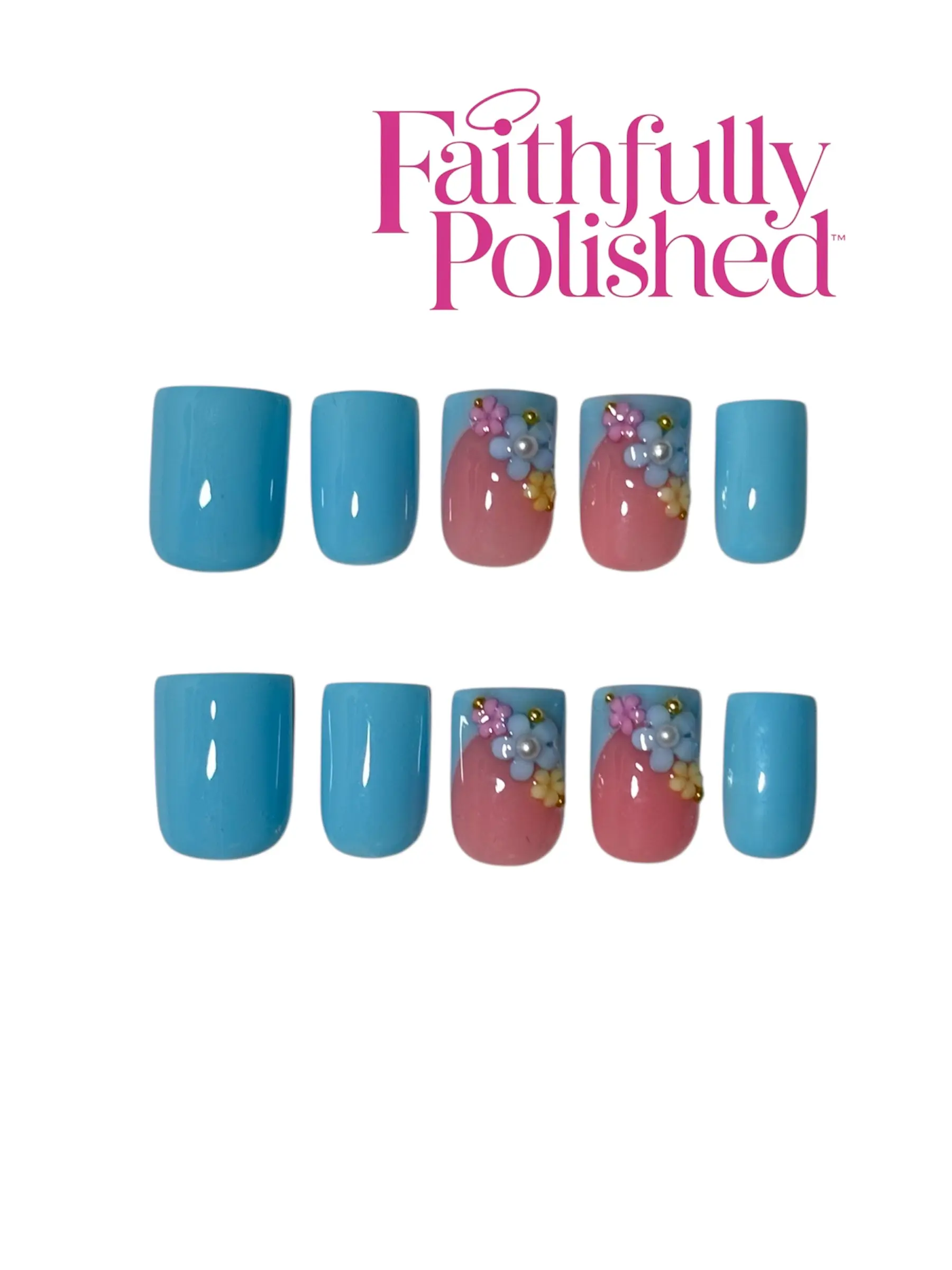 “Dainty”- 10PCs Short Baby Blue Luxury Colorful Floral Reusable Press-On Nails by Faithfully Polished