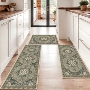 Kitchen Rugs 3 Piece Set,Non Slip Machine Washable Kitchen Mats,Boho Vintage Kitchen Carpet Bath