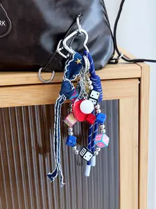 Vintage Blue Denim Mini Ping Pong Bag Charm, Candy Color Dopaamine Star Backpack Pendant, Lace Bow Chain Accessory for All Seasons