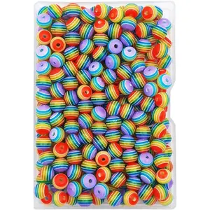 200 count 8mm  Stripe Beads Round Plastic Beads for  Making Bracelets Necklaces Making, Translucent  Rainbow