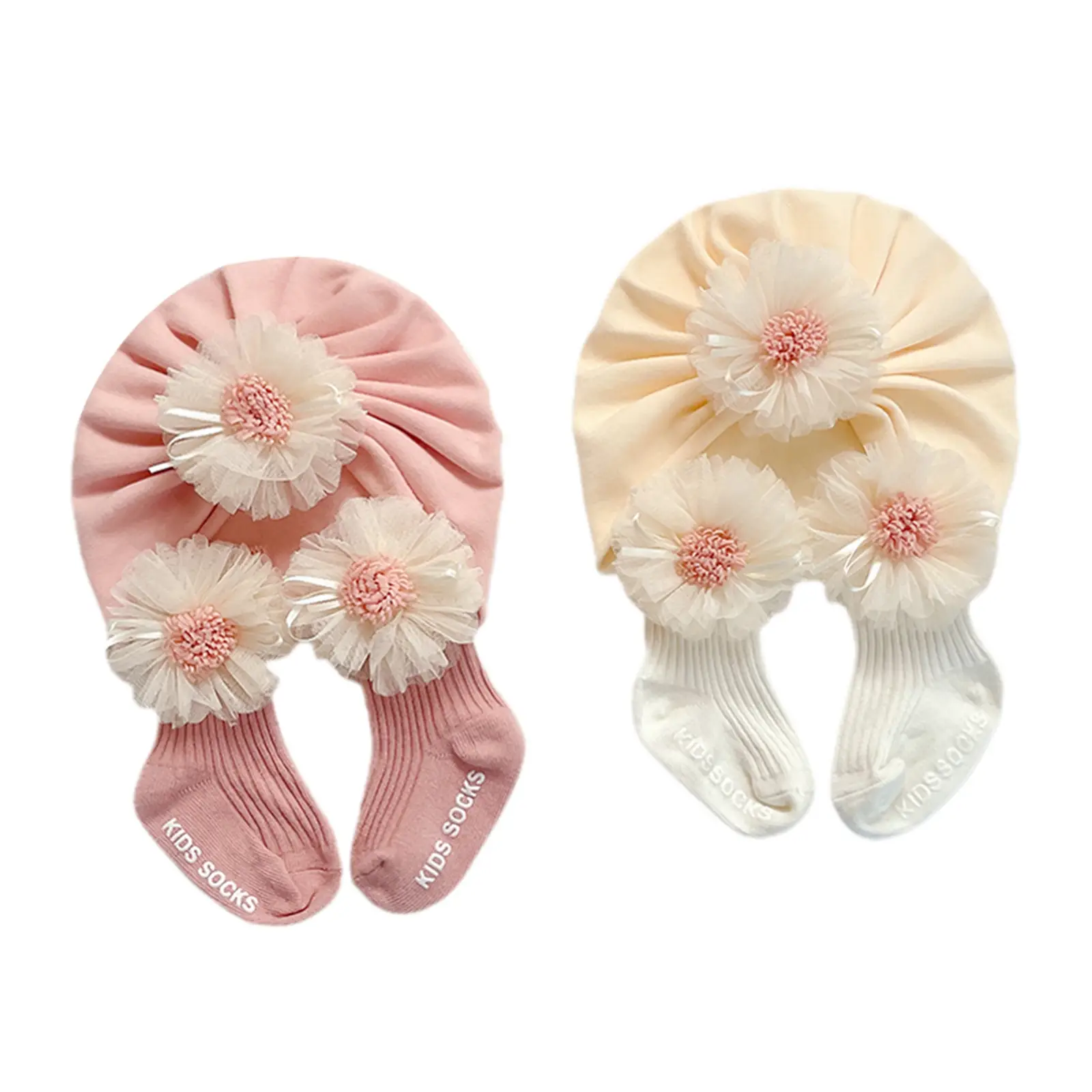 Infant Baby Girls Socks Hat Set Girls Lace Flower Ribbed Short Tube Sock Turban Hat 2pcs Suit