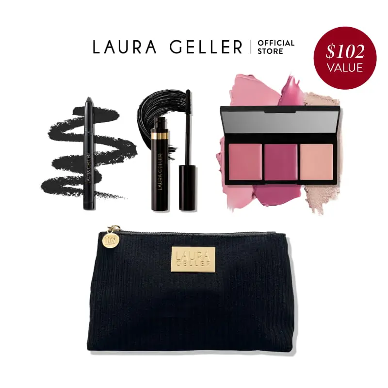 Laura Geller Face-Finisher Kit 3PC Collection + Makeup Bag Includes Longwear Eyeliner Volumizing Mascara & Multitasking Face Palette - Cosmetic, Bronzer, Lash