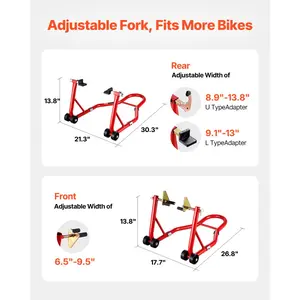 VEVOR Motorcycle Stand Lift, 850lbs Capacity Front Rear Combo Stand Lift, Front Wheel Dual-Fork Stand, Rear U+L Fork Swingarm Spool Stand, for Most Yamaha Honda Kawasaki Suzuki Motorcycles, Red