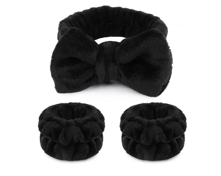 1pcs Black Spa Headband Fluffy Bow Tie Headband Microfiber Face, and 2Pcs Wrist Spa Wash Band Absorbent Wristbands