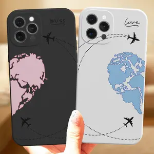 Couple Pink Heart Map Airplane Love Pattern Featuring a Romantic Phone Protective Case,Cute Decorative Phone Protector Cover,Phone Accessories Compatible with iPhone 11 12 13 14 15 16 Pro Max
