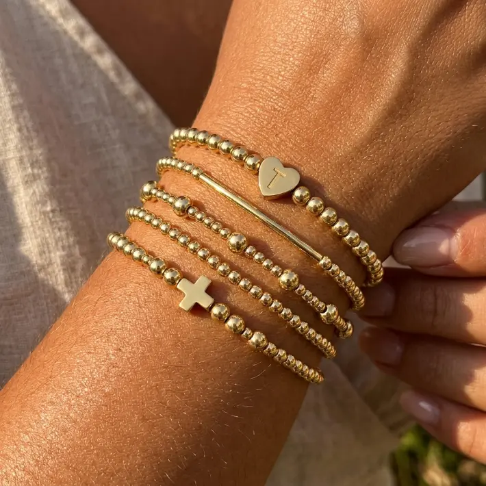 Women's 5-Pc Gold Beads/Alloy Layering Stackable Bracelet Set - Initial Charms, Cross Hearts, Manifestation Good Fortune Amulet, Encouragement Gift for Daily Use