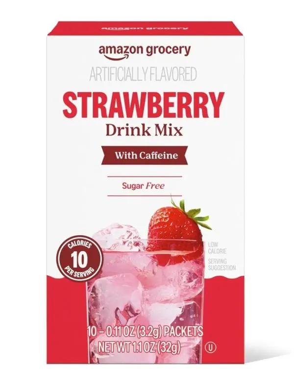Amazon Grocery, Strawberry Drink Mix with Caffeine, 10 Packets, 1.1 Oz