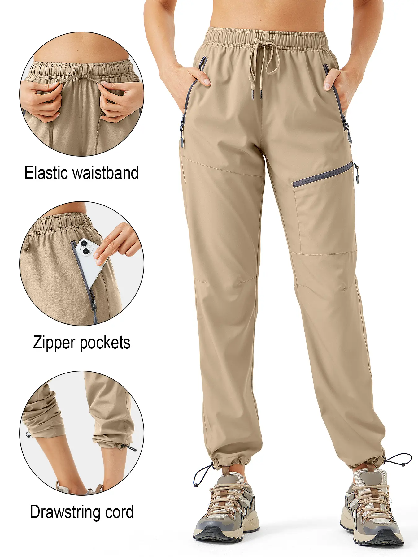 Women's Lightweight Hiking Cargo Pants, Quick-Dry Polyester Joggers for Outdoor Hiking & Travel with Zipper Pockets and Customizable Fit, Female Wear