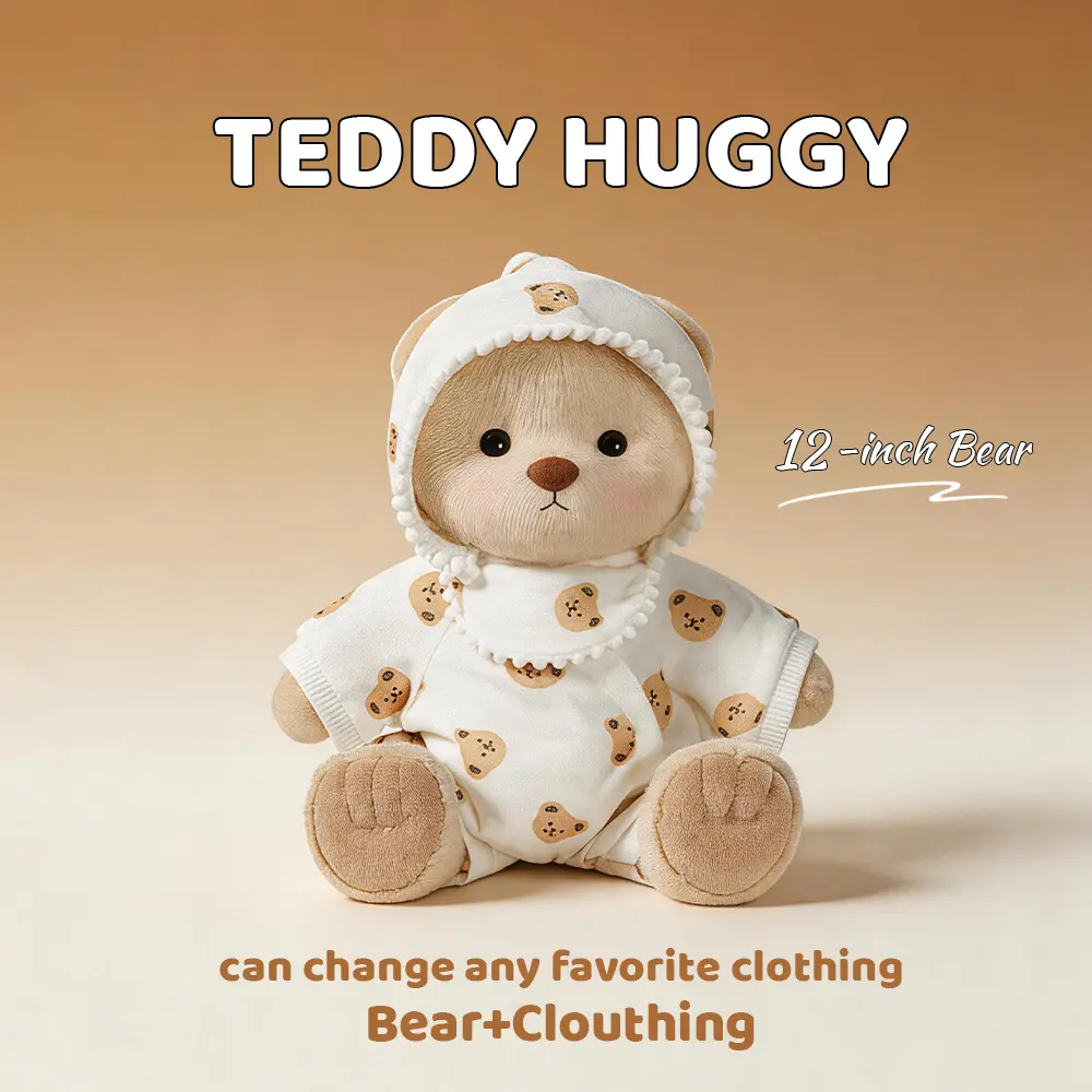 TEDDY HUGGY 12in Soft Stuffed Bear 3-Piece White Crawler Pajama Set - Plush Fabric, Moveable Joints, Kawaii Collectible Moveable Stuffed Animal, Ideal Gift for 3-4 Years Kids