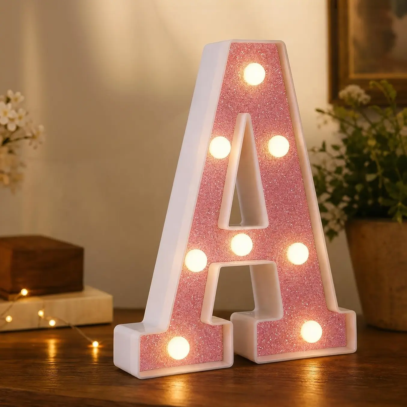 7inch LED Letter Light,Pink Glittery Light-Up Letters, Battery Operated Decorative Signs for Home Parties, Night Bars, Weddings, Birthdays, Easter & Christmas