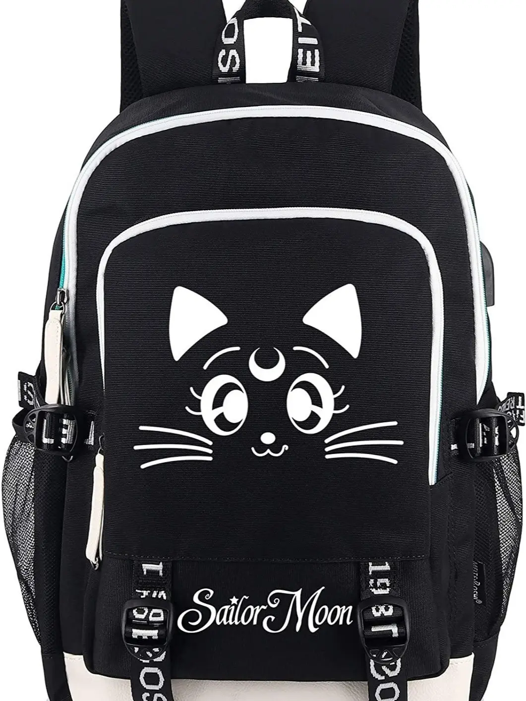 Women's Cute Moon Mark Cartoon Cat Print Backpack - Water-Resistant Oxford Laptop Bookbag with USB Charging Port, Large-Capacity Multi-Compartment School Travel Daypack for Girls