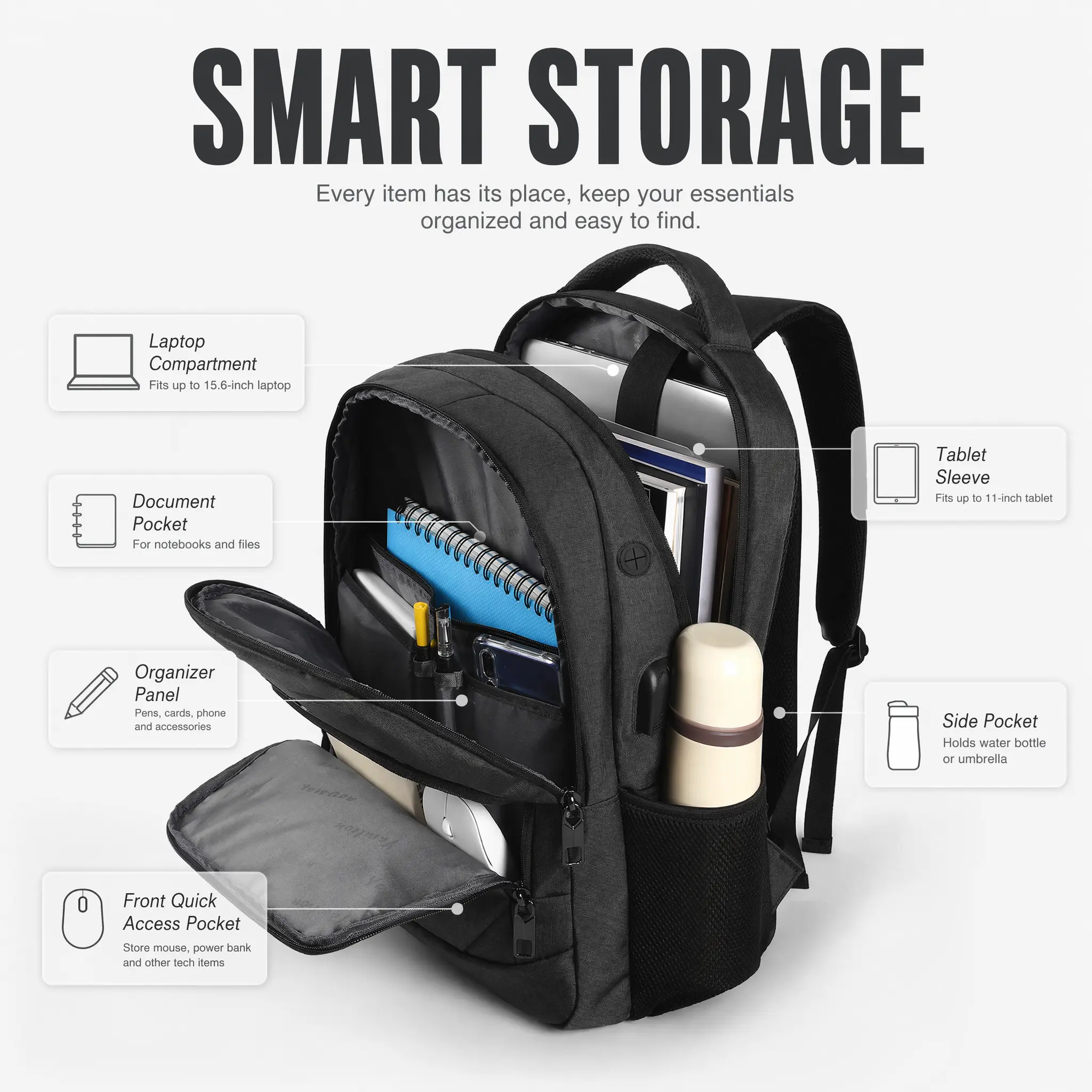 Poude 15.6 Inch Laptop Backpack, Large Capacity Backpack with USB Charging Port & Headphone Jack, Water Resistant Anti-theft Bookbag for Teens, College Students, Adults, School, Work, Business Travel & Daily Commute - Poude 15.6 Inch Laptop Backpack, Large Capacity Backpack with USB Charging Port & Headphone Jack, Water Resistant Anti-theft Bookbag for Teens, College Students, Adults, School, Work, Business Travel & Daily Commute -