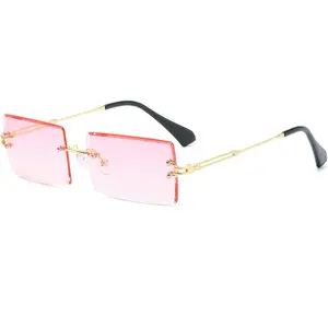 Retro Rimless Rectangle Sunglasses for Women Men Tinted Lens Gold Metal Frameless Vintage Square Glasses