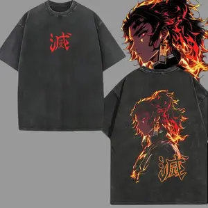 Yoriichi Tsugikuni Demon Slayer Oversized Washed Vintage Tee Sun Breathing Flame Graphic Cotton Shirt Anime Collector Drop 100% Combed Cotton Softness Exceptional Comfort