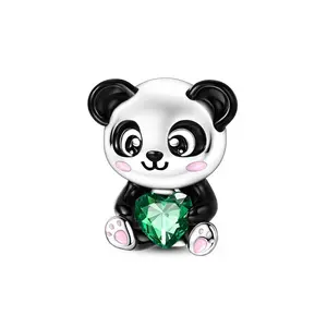 MULA Cute Panda Pendant - Cute Silver Plated Beads with Green Heart CZ and Enamel, Animal Pendant Compatible with Pandora Bracelets, Great Birthday Christmas Gift for Kids, Teens and Women