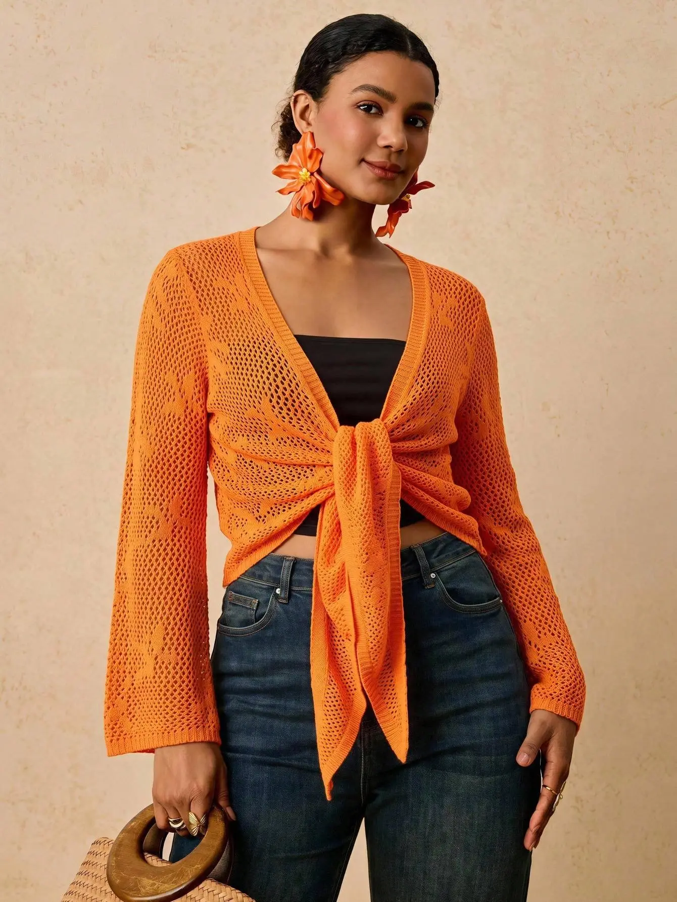 VYNCE Plus Size Cardigan Black Sheer Mesh Top Bolero Shrug Front Tie Flare Sleeve Summer Boho Vacation Vintage Beach Cover Up Chic