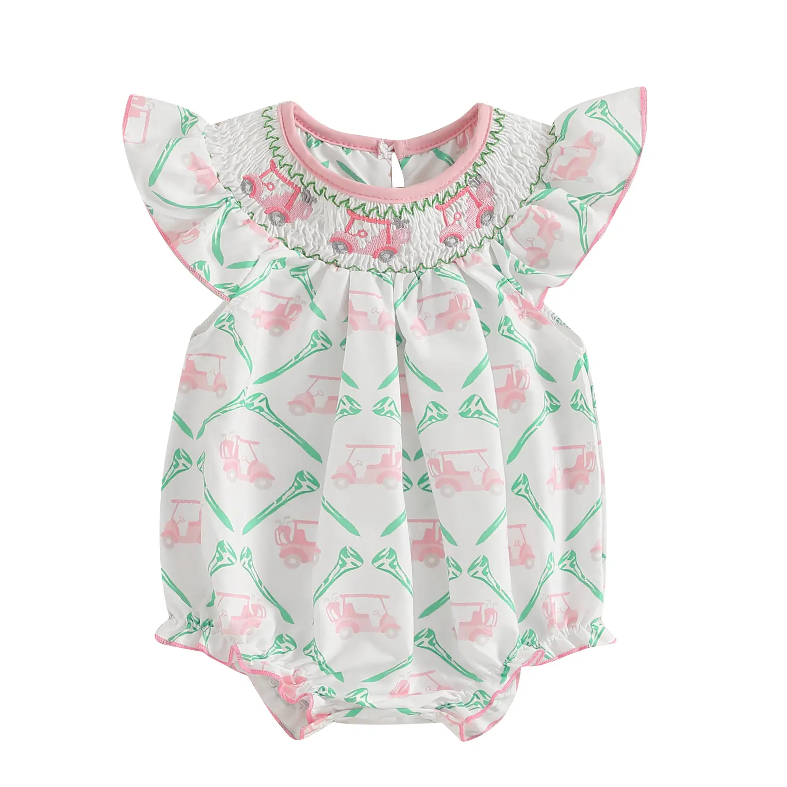 Summer Baby Girl Clothes Infant Smocked Bubble Rompers Golf Cart Outfit Newborn Embroidery Round Neck Fly Sleeve Onesie Infant Bodysuit T Shirt