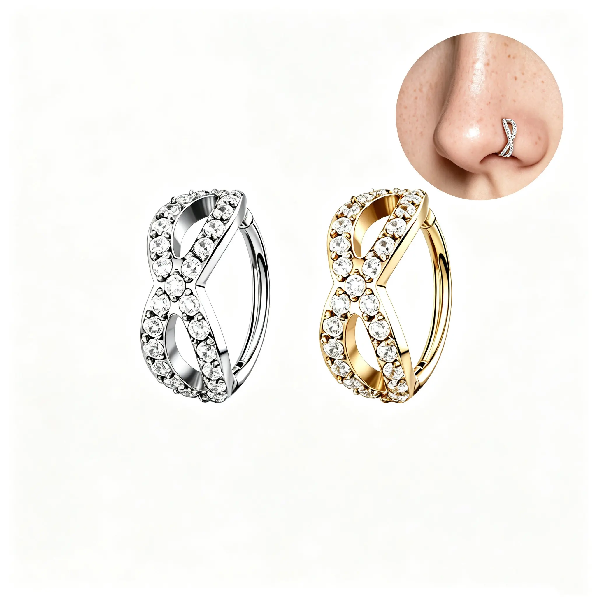 OUFER 20G Female Double Row Crisscross Nose Ring - 316L Stainless Steel Hypoallergenic Cubic Zirconia Paved Hoop, 6mm/7mm/8mm Sizes, Nose Piercing Non Tarnish Subtle CZ Shine Body Jewelry