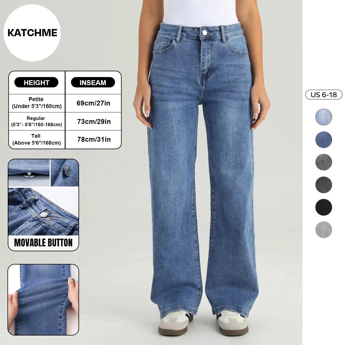 KATCH ME Women's Versatile High Waist Stretchy Denim Wide Leg Jeans, Flexible Multi-Pocket Trousers, Soft Wrinkle-Resistant Daily Wear, Non-Shrinking Durable Jeans