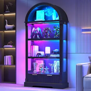 Dystler curio Cabinet with RGB Lights, 72" Tall Arched Display Cabinet with Glass Doors, 4-Tier Large Shelf Display Case for Collectibles Bookcase Living Room
