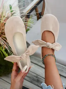 Women's Round Toe Slip-On Mary Jane Shoes, Elastic Bow Design, Comfortable Casual Ballerina Flats for Spring & Fall, Fashionable