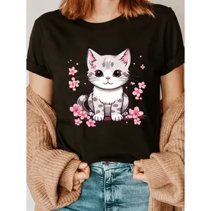Adorable Cat Print Crew Neck Short Sleeve T Shirt for Women Perfect for Spring and Summer Casual Wear