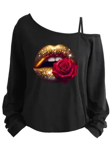 Plus Size Women's Casual Loose-Fit Long Sleeve Top, Asymmetrical Neckline Spaghetti Strap T-Shirt, Cartoon Print, All Seasons Wear