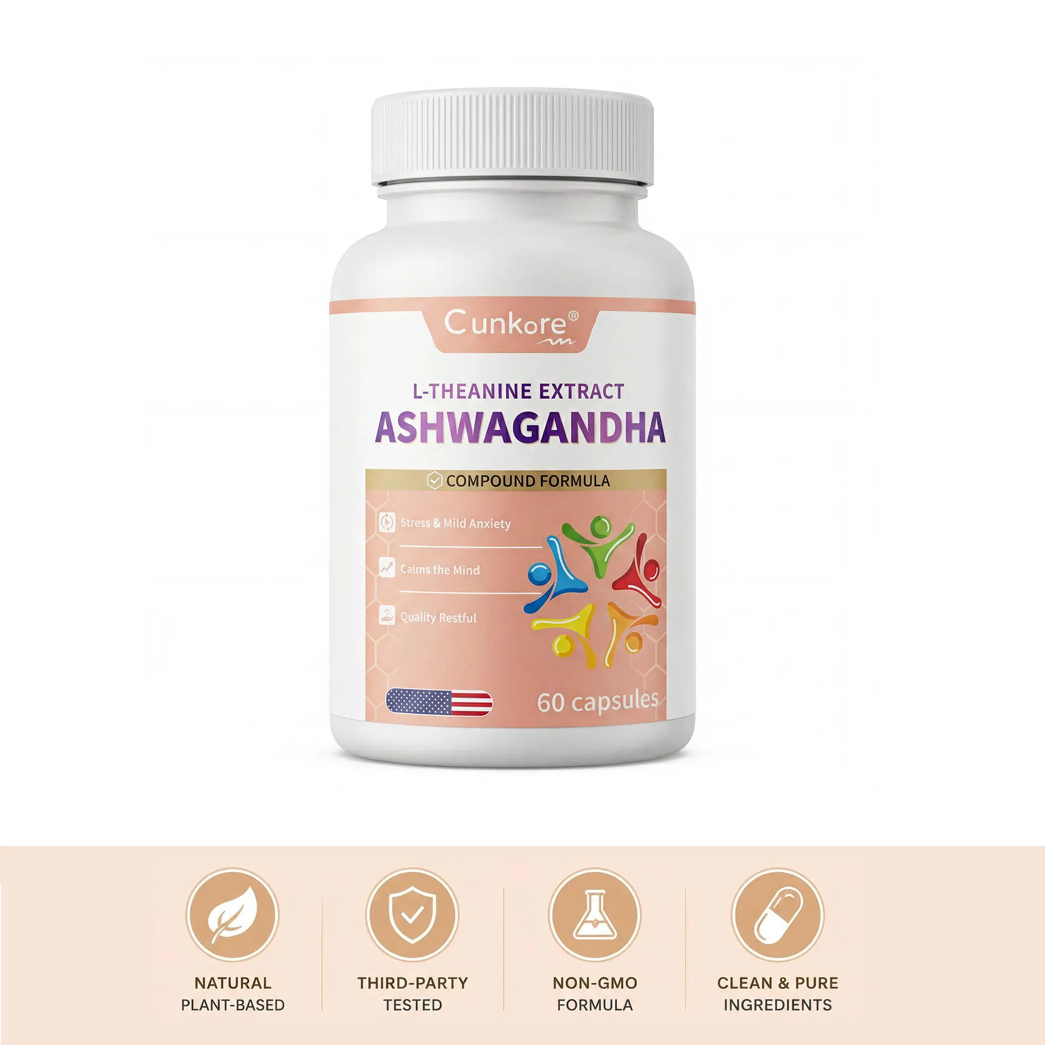 Cunkore 8-in-1 Ashwagandha Complex Capsules with L-Theanine, GABA, 5-HTP & Magnesium Glycinate, Natural Stress Relief Supplement, Melatonin-Free Support for Calm Mind, Balanced Mood & Deep Restful Sleep, 60 Capsules