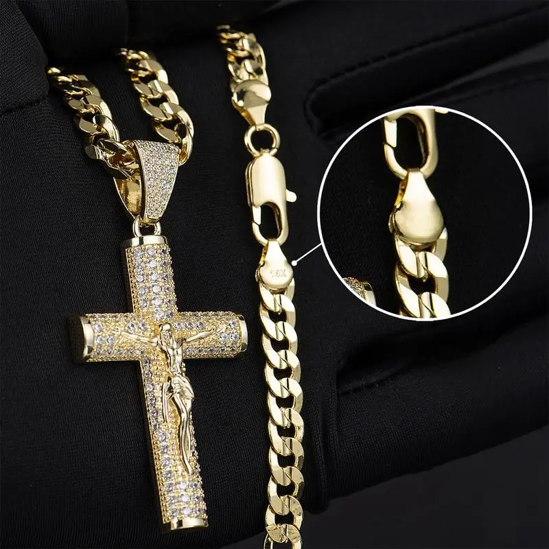 SHINING  14k Real Gold-Plated Cuban , Figaro, Miami Cross with  Christ ,24 ihes Long and 6mm Wide,Handcrafted Polishing and Multiple Electroplating Goldtone Men's Cross  Necklace  christ  bold  necklace jesus crucifix pendant beleiver