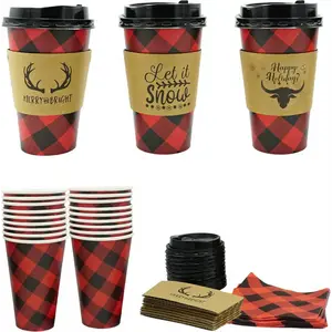 4E's Novelty 12 Pack 16 oz Buffalo Plaid Hot Cups with Lids, Napkins, Sleeves – Christmas Disposable Coffee Cups