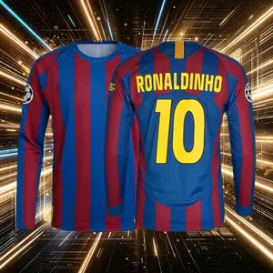 10# Ronaldinho 05 06 Home Red And Blue Long Sleeve Soccer Jersey Fans Version