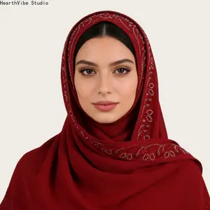 Elegant Maroon Chiffon Hijab with Luxury Crystal Rhinestones, Premium Soft Breathable Headscarf, Modest Muslim Women Shawl for Eid, Wedding & Gala Party Wear