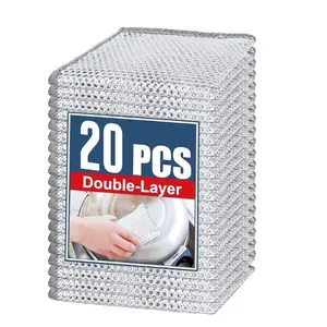 Reusable Stainless Steel Dish Scrubbers – 20 Pack Steel Wire Dishcloth, Non-Scratch Double Layer Cleaning Cloth, Heavy Duty Scrub Rags for Cookware, Sinks & Stove Tops (7.87" x 7.87")