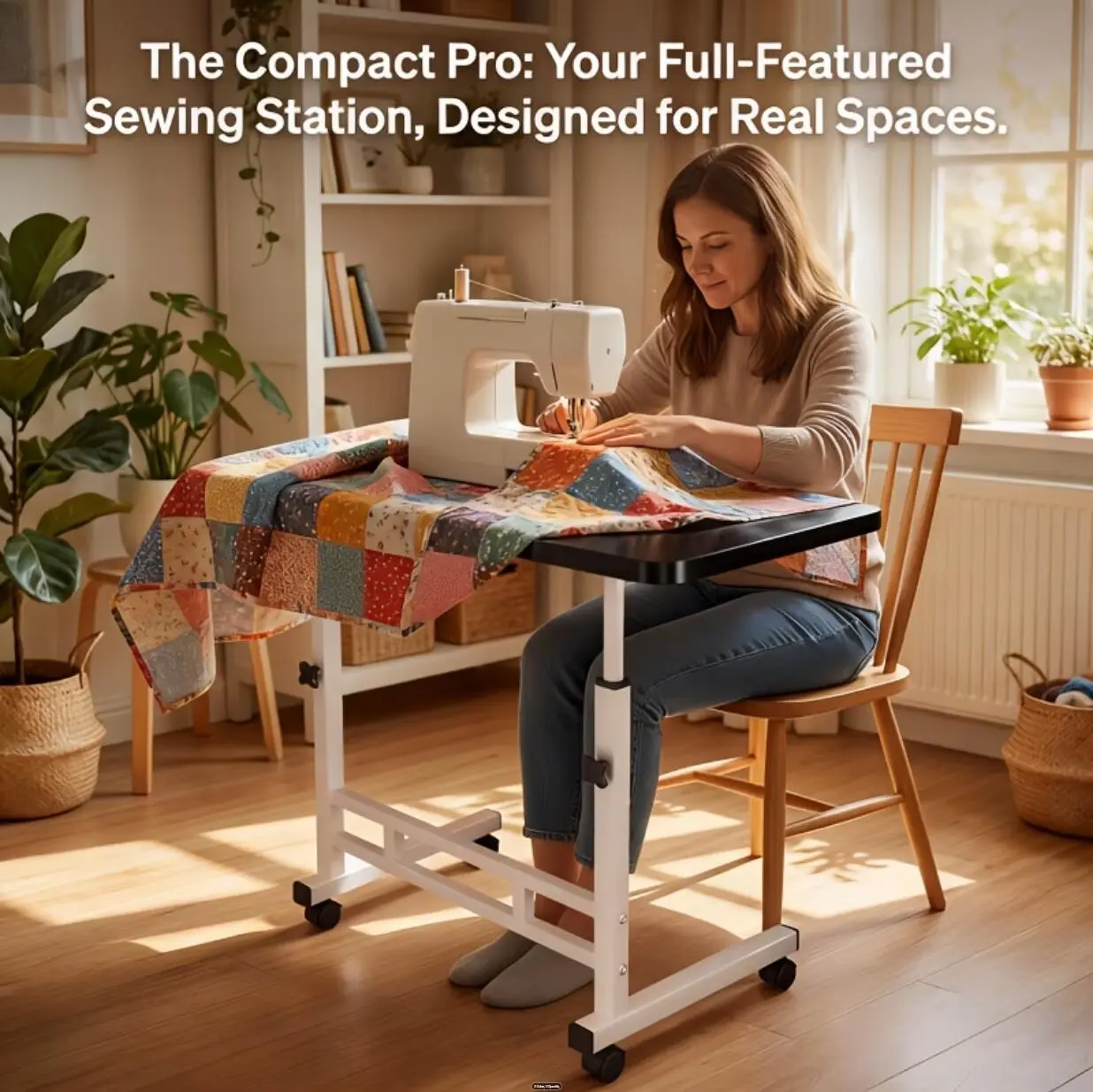 Adjustable Height Pulley Mobile Table, Mobile Multi-Purpose Side Table/Folding Table - Mobile Craft Table with Reinforced Frame And Lockable Wheels, Available in Black/White, Ideal for Various Scenarios Such As Bedroom, Living Room, Study