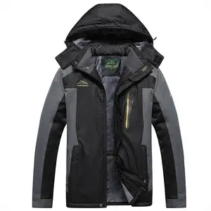Men's Black Gray Outdoor Jacket, Waterproof Fleece-Lined Hooded Hiking Winter Coat with Multi-Pockets
