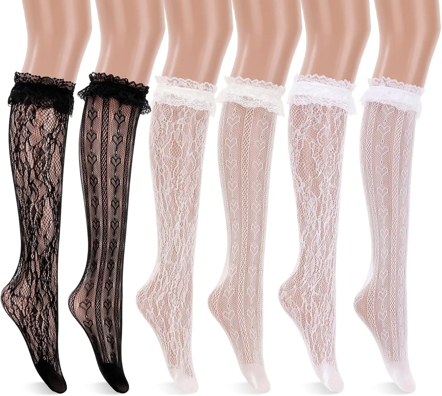 Women's Lace Knee High Socks, Sexy Sheer Fishnet Lolita Socks Mesh Hollow out Sock with Ruffle Lace Trim