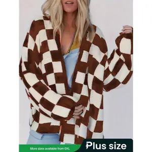 Plus-size checkered round-neck casual long-sleeve knitted cardigan for women, autumn and winter fashion, comfortable and stylish pullover
