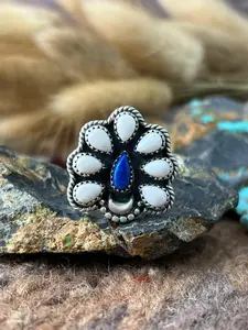 Handmade Sterling Silver White Buffalo with Lapis Adjusatble Ring "Signed Nizhoni"