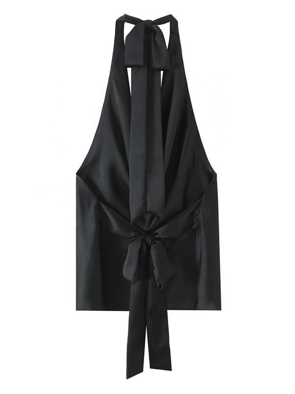 Women's Backless Satin Top, Loose-Fit Thin Fabric, Summer Sleeveless Blouse, Elegant Neckline Design, Perfect for Casual Wear