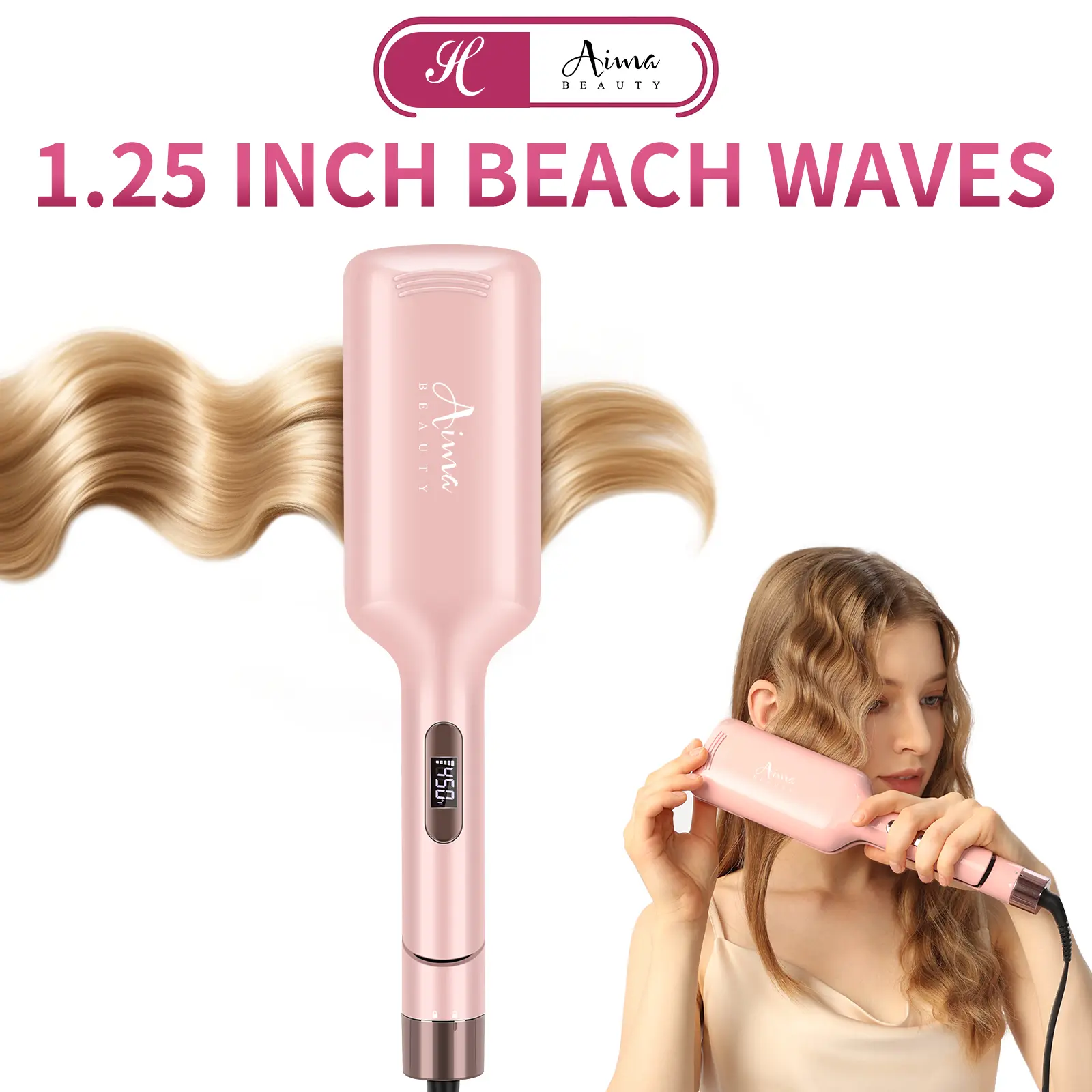 Aima Beauty 1.25 Inch Beach Waves Curling Wand,2 Barrel Hair Waver for Women,Dual Voltage, Ionic Ceramic Mermaid Waves,Fast Heating, Anti-Scald, Reduces Frizz & Heat Damage, Easy to Use, Mermaid Waves, Travel Friendly