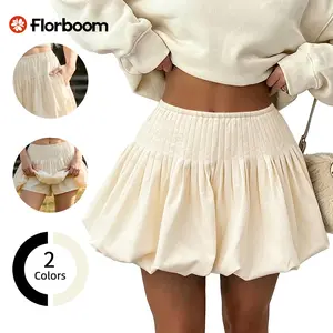Florboom Women's Bubble Mini Skirt with Pockets & Built-in Shorts, Elastic High Waisted Puffy Skorts, Cute Pleated Balloon Hem Y2K Trendy A-Line Flared Skirt for Casual School Party Date Night Going Out Vacation Streetwear, Summervibes